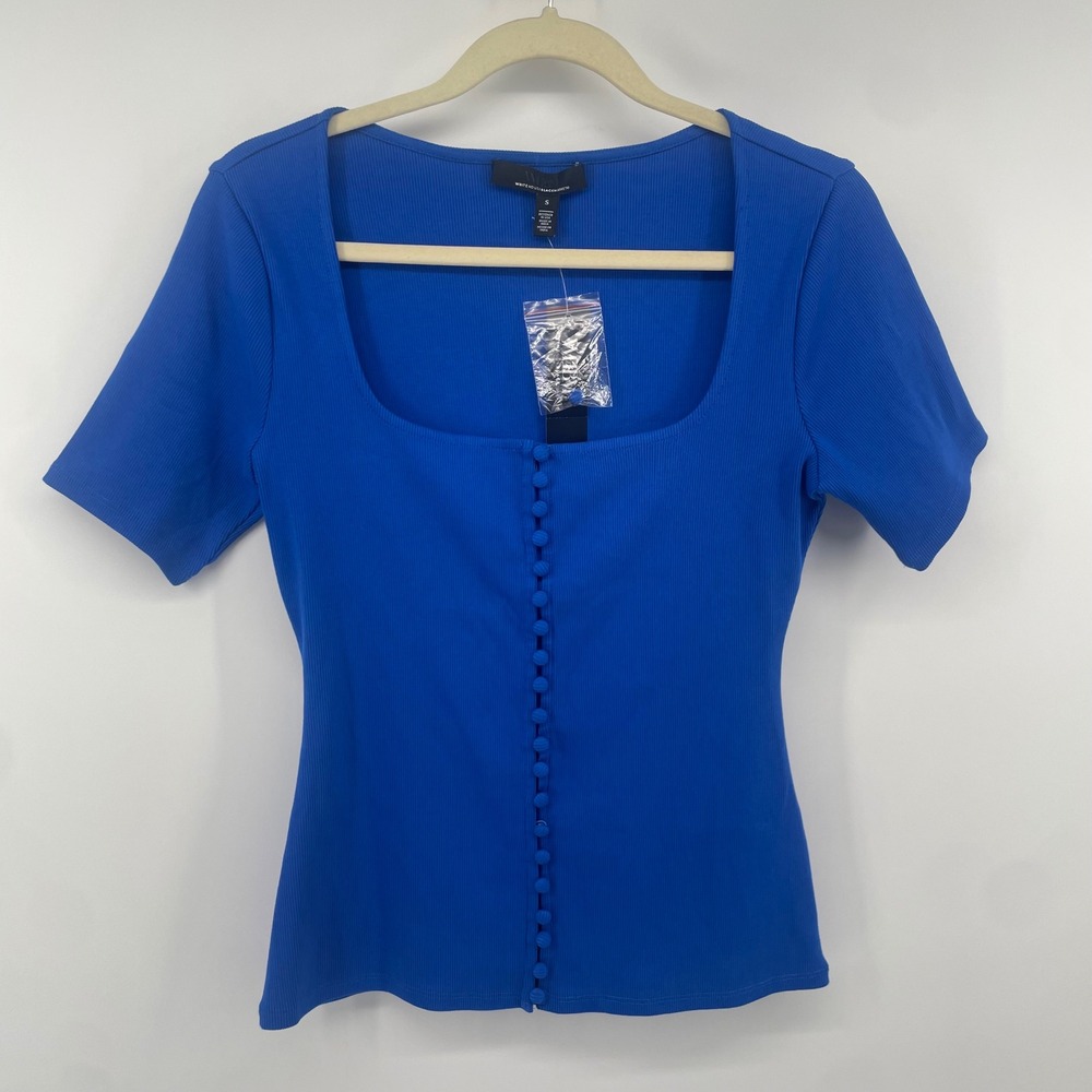 White House Black Market Top Womens S Blue Ribbed Button Front NWT